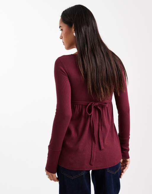 Hollister long sleeve square neck babydoll top in burgundy