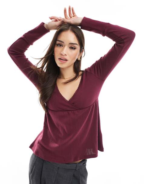 Hollister – Vinröd, pointellestickad topp i babydollstil med långa ärmar - view 1