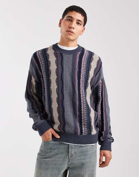 Hollister - Vintage gebreide gestreepte trui met kabels in blauw - view 1