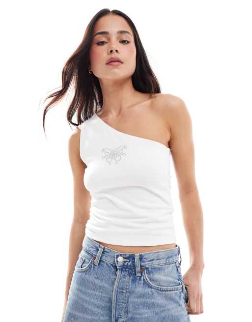 Hollister – Vit, enaxlad topp med strassmotiv