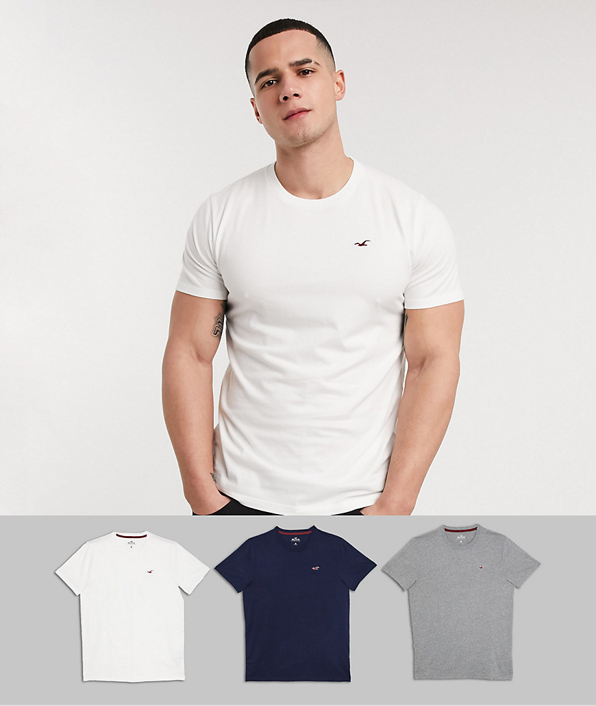 Hollister – Vit/grå/marinblå t-shirt med smal passform, rund halsringning och segelmåslogga i 3-pack-Flerfärgad