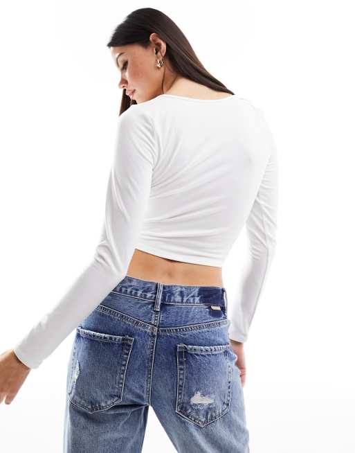 Hollister – Vit långärmad topp i seamless design med fyrkantig ringning, 4 av 4