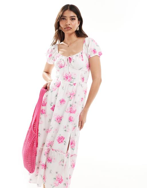 Hollister – Vit och rosa, blommig midiklänning med korsettliv