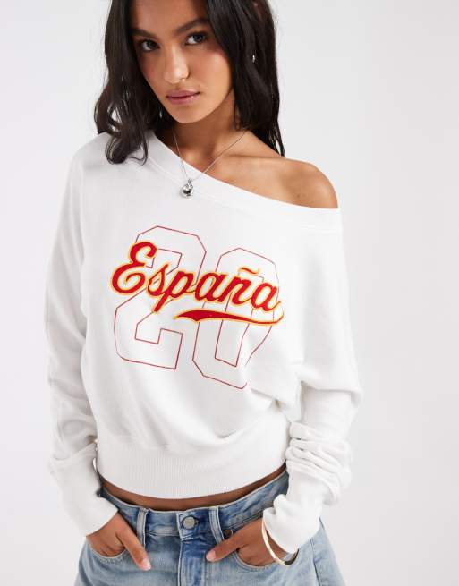 Hollister - Voetbal geïnspireerd Spanje sweatshirt met blote schouder in wit, 1 van 4