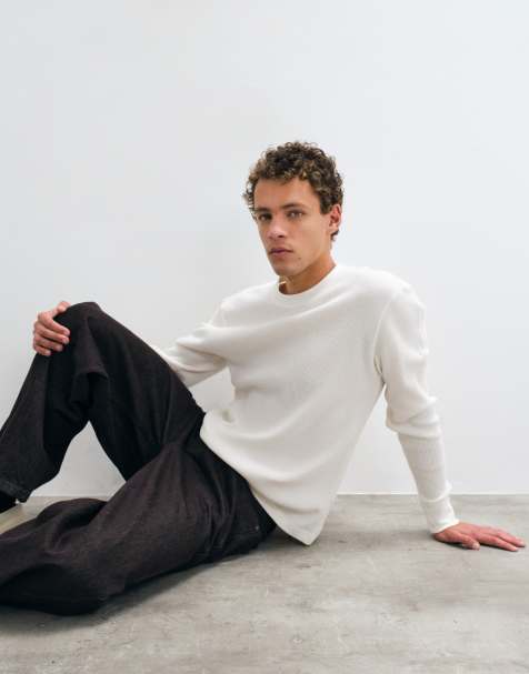 Hollister waffle long sleeve crew neck top in cream - view 1