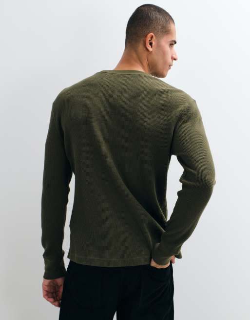 Hollister waffle long sleeve crew neck top in dark khaki, 2 of 5