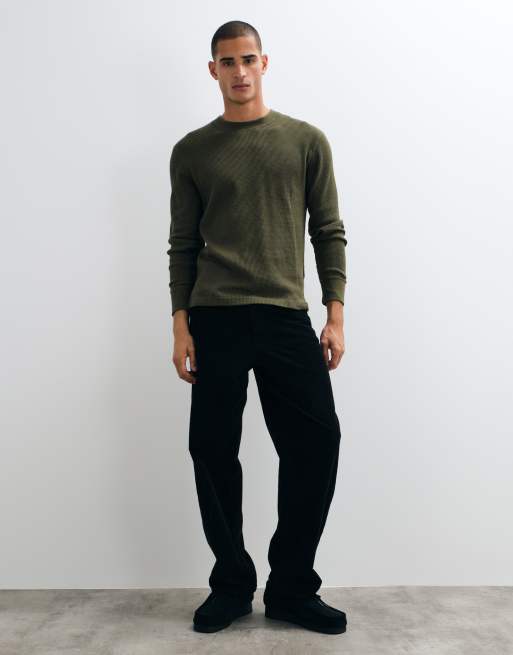 Hollister waffle long sleeve crew neck top in dark khaki, 3 of 5