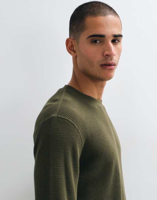 Hollister waffle long sleeve crew neck top in dark khaki, 4 of 5