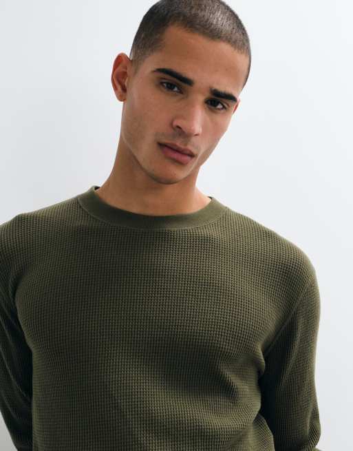 Hollister waffle long sleeve crew neck top in dark khaki, 5 of 5