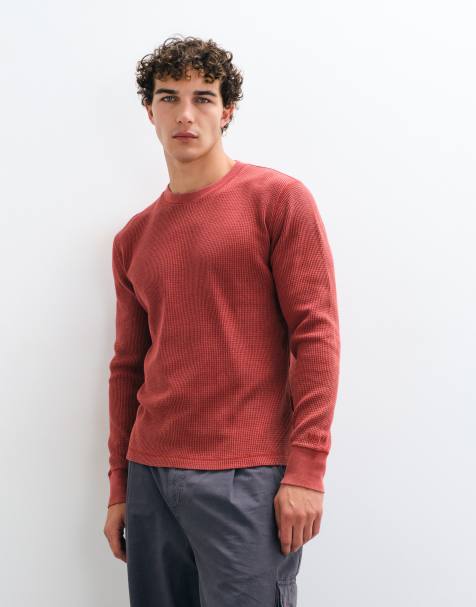 Hollister waffle long sleeve crew neck top in red - view 1