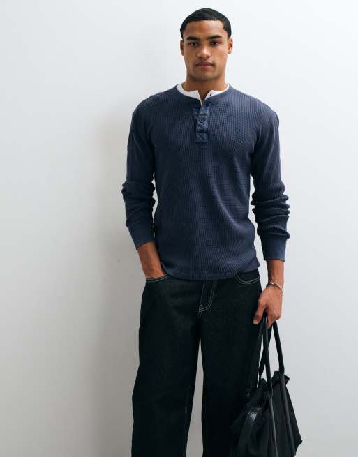 Hollister waffle long sleeve henley top in navy, 2 of 9