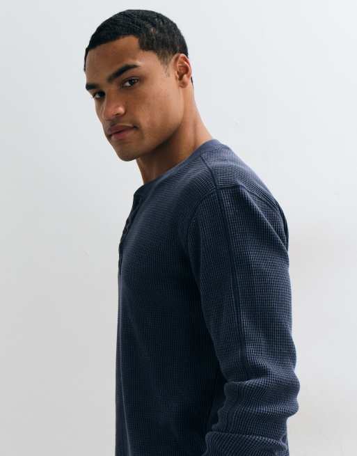 Hollister waffle long sleeve henley top in navy, 4 of 9