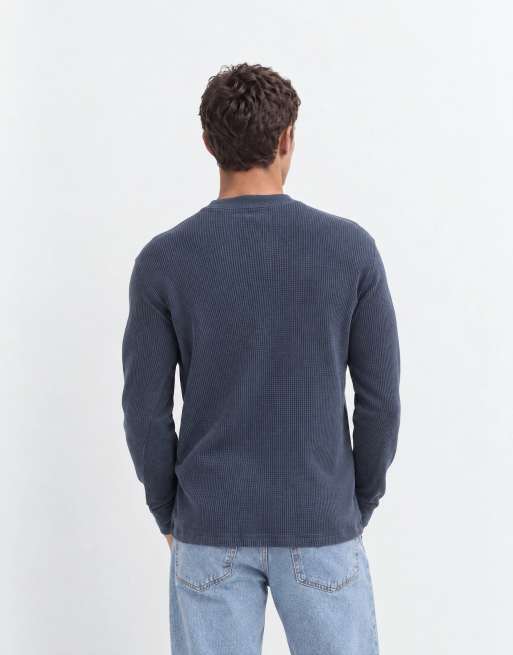 Hollister waffle long sleeve henley top in navy, 6 of 9