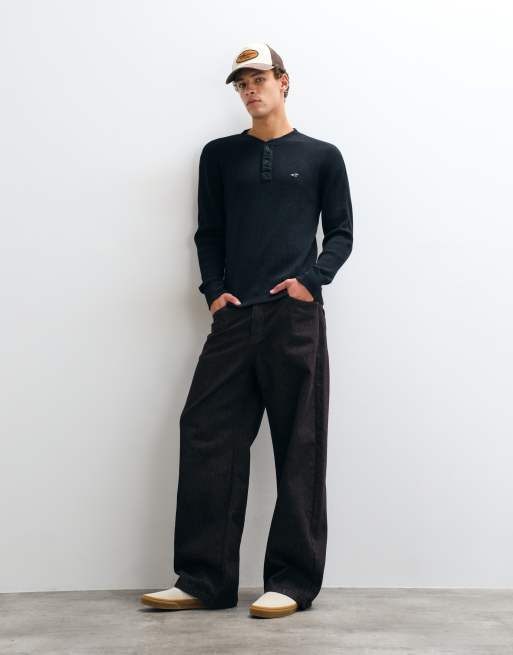 Hollister waffle long sleeve icon logo top in black, 1 of 5