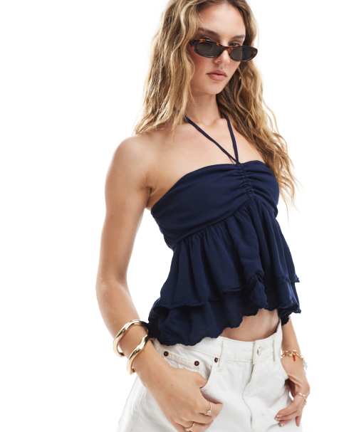 Hollister front tie tiered top in navy blue