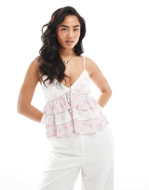 Hollister spaghetti strap v neck tiered top in vintage pink floral print