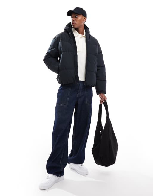 Hollister – Wattierter Mantel in Schwarz mit Kapuze und