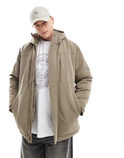 Hollister – Wattierter Parka aus schwerem Fleece in Beige - view 1