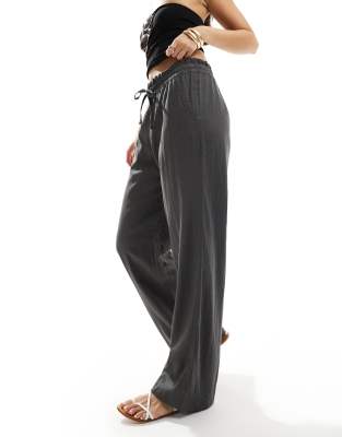Hollister - Weite Hose aus Leinen in Grauschwarz mit verstellbarer Taille