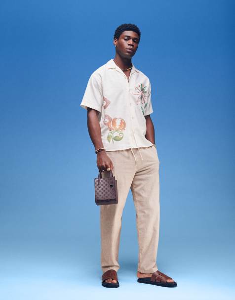 Hollister – Weite Leinenhose in strukturiertem Beige mit elastischem Taillenbund - view 1