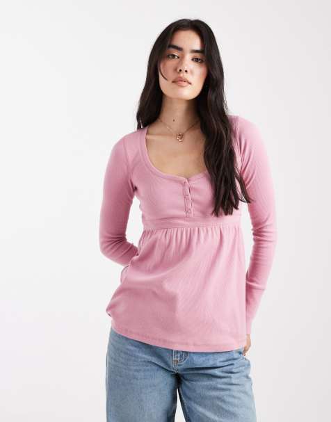 Hollister – Wiązany na plecach różowy top typu babydoll z długimi rękawami - view 1