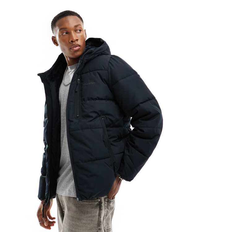 Hollister wide channel cozy hooded puffer jacket in black ASOS