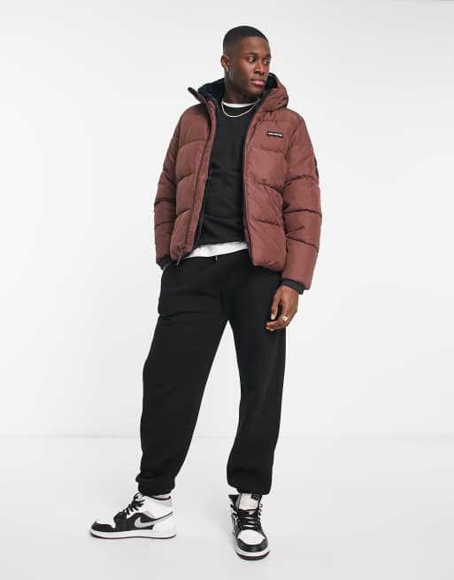 Hollister wide channel cozy hooded puffer jacket in brown