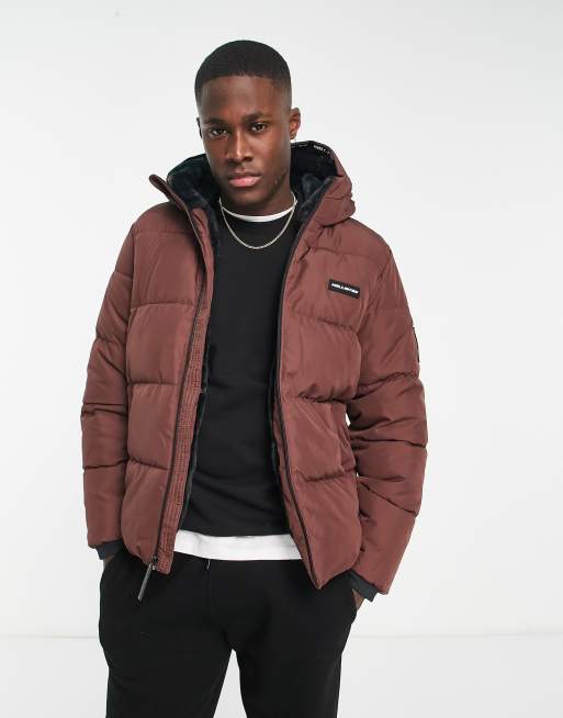 Hollister wide channel cozy hooded puffer jacket in brown