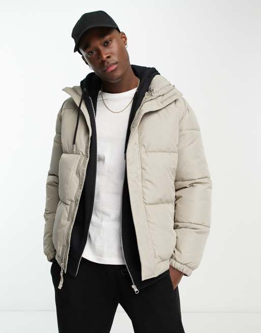 Hollister hooded nylon puffer jacket in cream