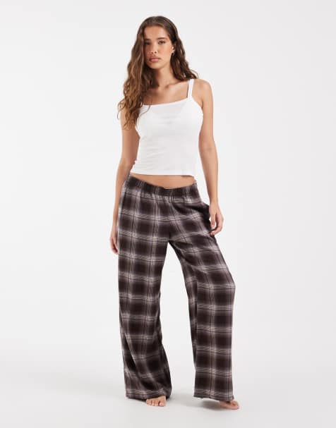 Hollister wide leg flannel pyjama bottoms in brown plaid - view 1
