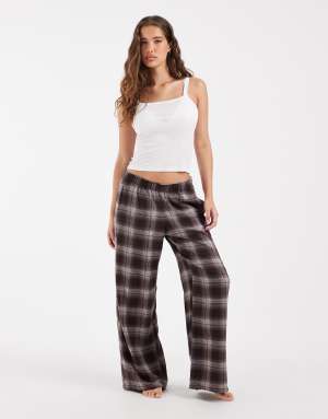 Hollister wide leg flannel pyjama bottoms in brown plaid