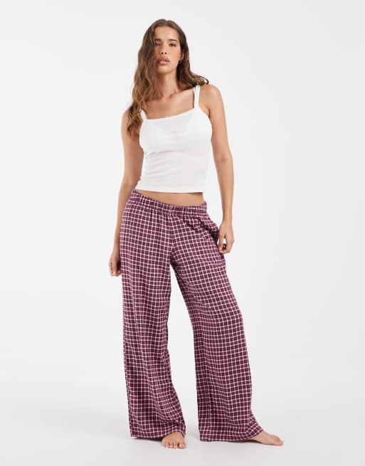 Hollister wide leg flannel pyjama bottoms in pink check, 1 of 4