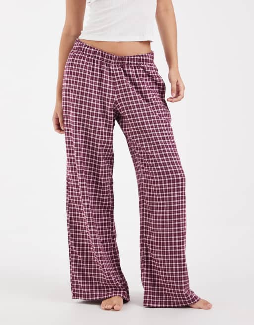 Hollister wide leg flannel pyjama bottoms in pink check, 2 of 4