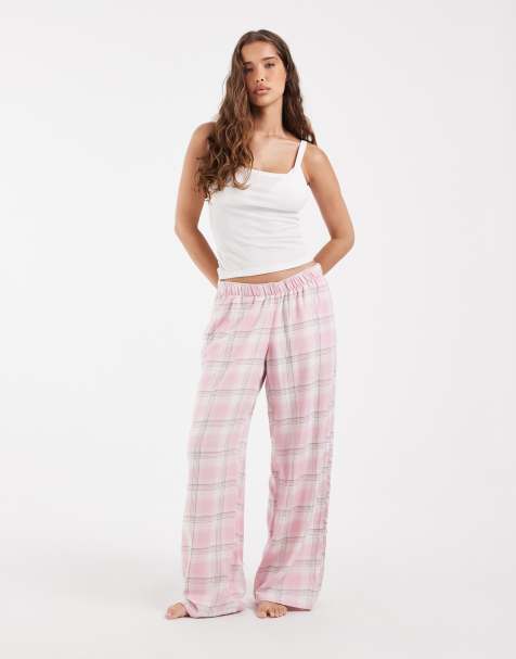 Hollister wide leg flannel pyjama bottoms in pink plaid - view 1
