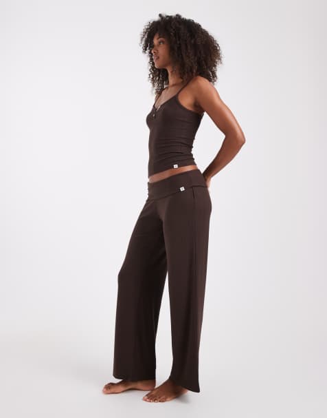 Hollister wide leg pointelle pyjama bottoms co-ord in brown - view 1