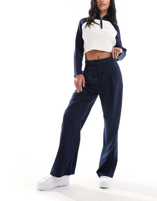 Hollister wide leg tailored trouser in navy pinstripe ASOS