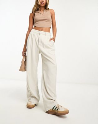 Hollister wide leg tailored trousers in cream-White