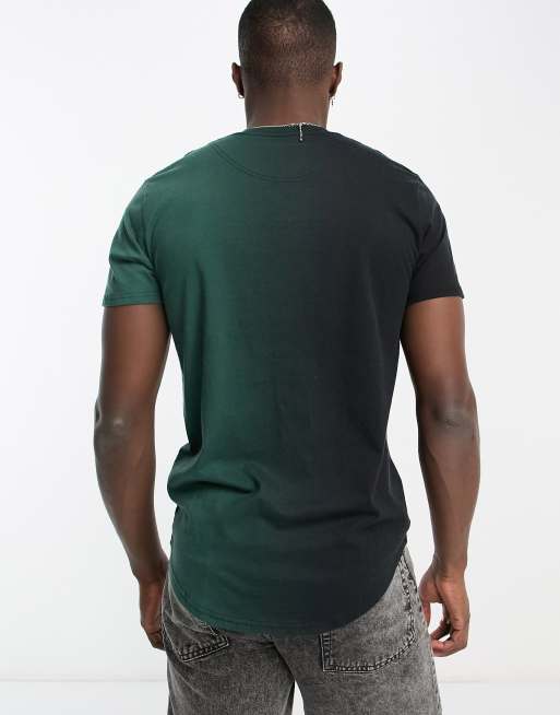 Hollister x ASOS exclusive centre logo ombre curved hem t shirt in black green