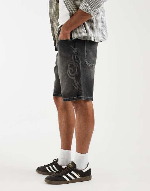 Hollister Y2K baggy denim short with flame print in black wash