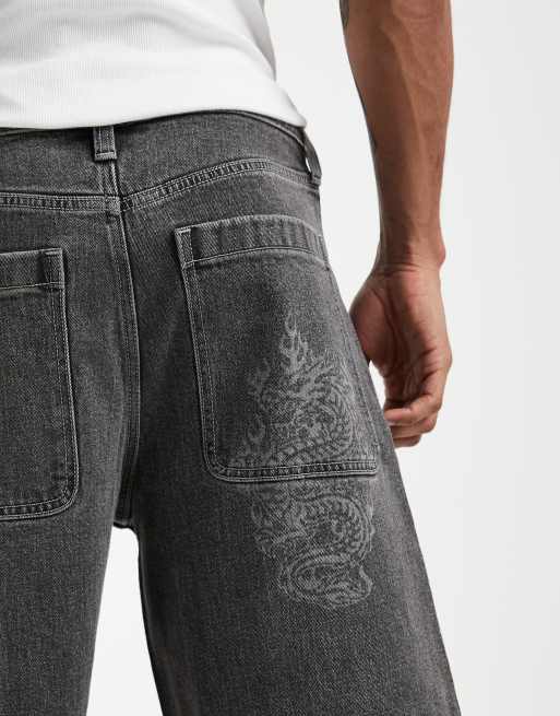 Hollister y2k baggy denim shorts with dragon graphic pocket detail