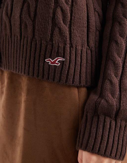Hollister y2k cable knit hooded cardigan in brown, 3 of 4