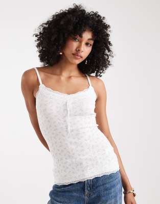 Hollister - Y2K - Camisole-Oberteil aus Pointelle in Weiß geblümt mit Spitzenborte