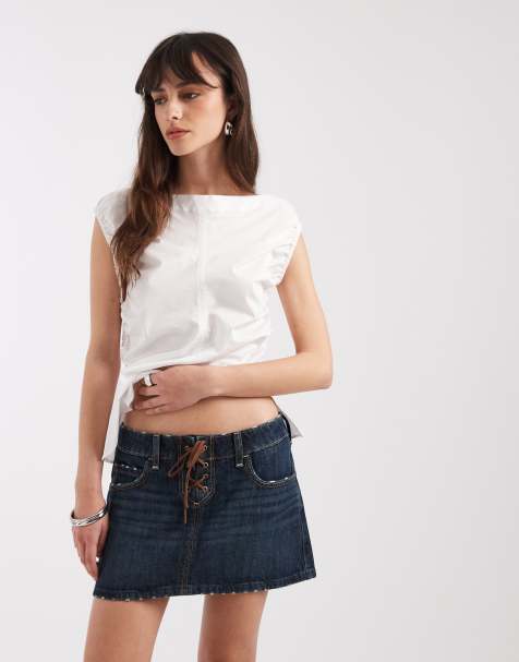 Hollister y2k denim lace up mini skort in dark blue wash - view 1