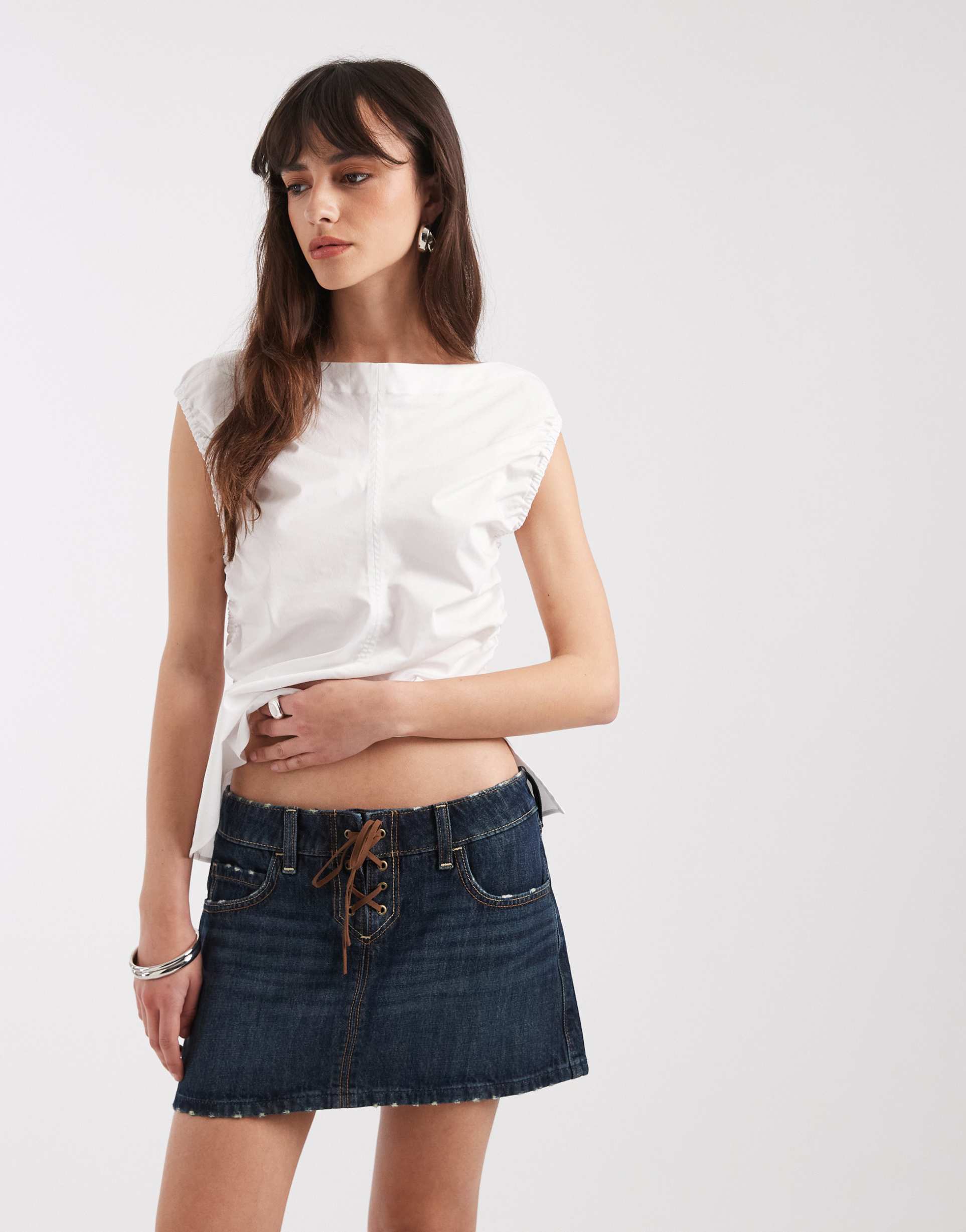 hollister y2k denim lace up mini skort in dark blue wash