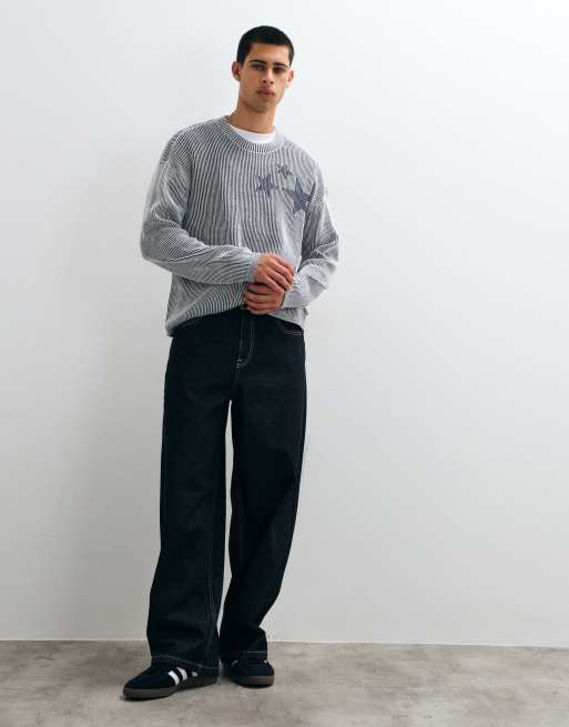Hollister y2k knitted ribbed graphic jumper in grey, 3 of 5