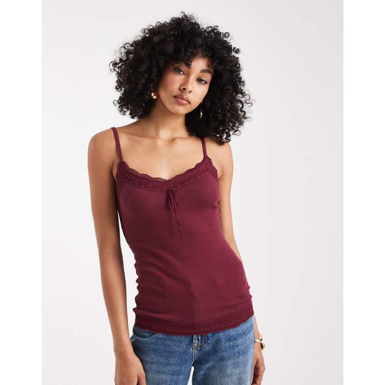 Hollister Y2K lace trim pointelle cami top in burgundy | ASOS