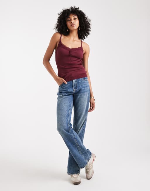 Hollister y2k lace trim pointelle cami top in burgundy | ASOS