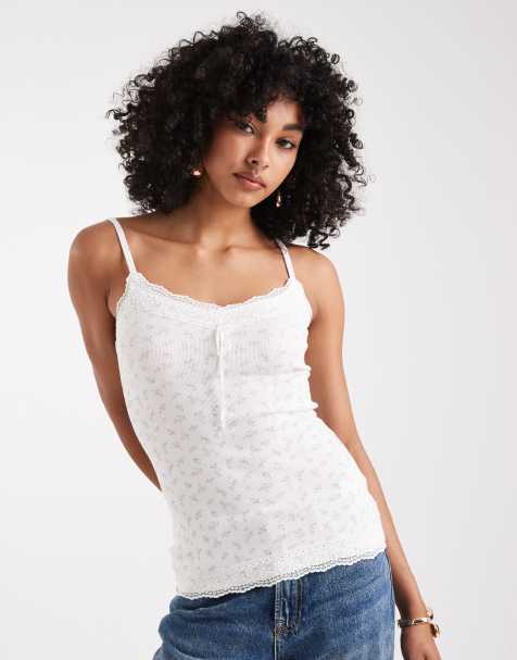 Hollister y2k lace trim pointelle cami top in white floral - view 1
