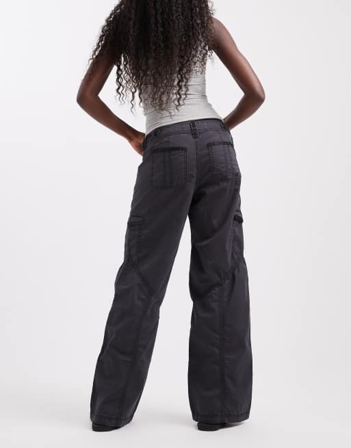 Hollister Y2K låg midja vida cargobyxor i charcoal, 3 av 5