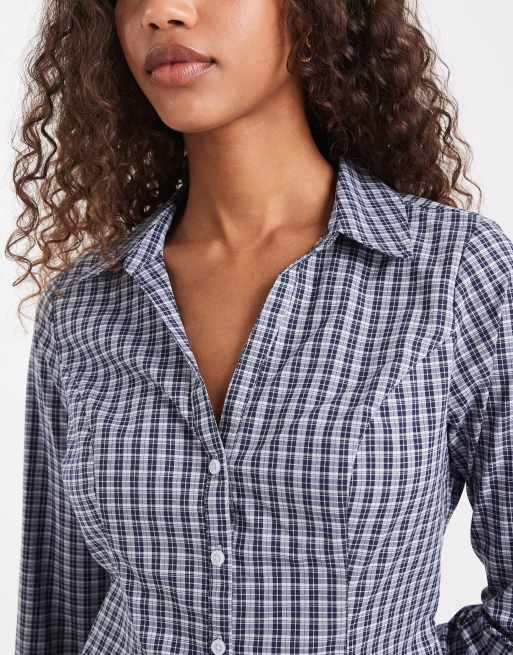 Hollister – Y2K – Langärmliges, tailliertes Hemd in Blau mit Vichy-Karos, 2 von 4